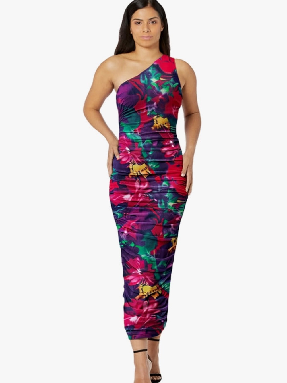 One-Shoulder Tropical Floral Maxi Dress - Pink Green Purple